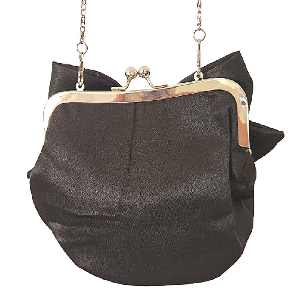 Black Satin Rhinestone Bow Evening Bag - Picture 3 of 6